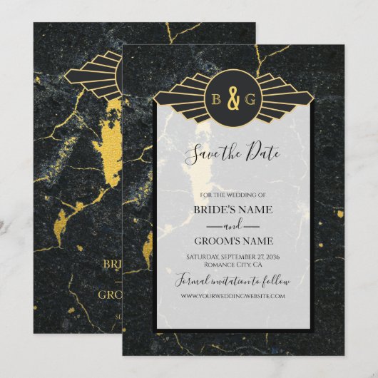 Black Gold Marble Art Deco Wedding Save The Date (Voorkant / Achterkant)