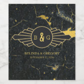 Black Gold Marble Art Deco Wedding Wijn Etiket (Enkel label)