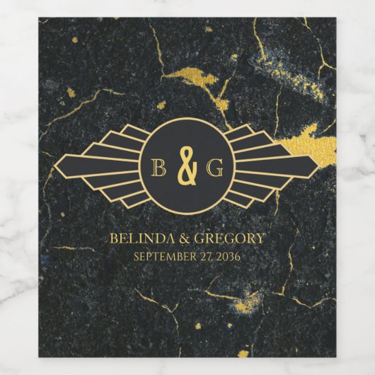 Black Gold Marble Art Deco Wedding Wijn Etiket (Enkel label)