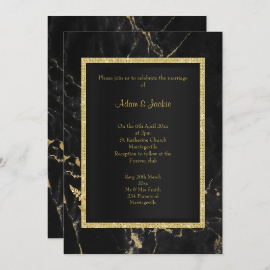 Black Gold Marble ELEGANT WEDDING Kaart (Voorkant / Achterkant)