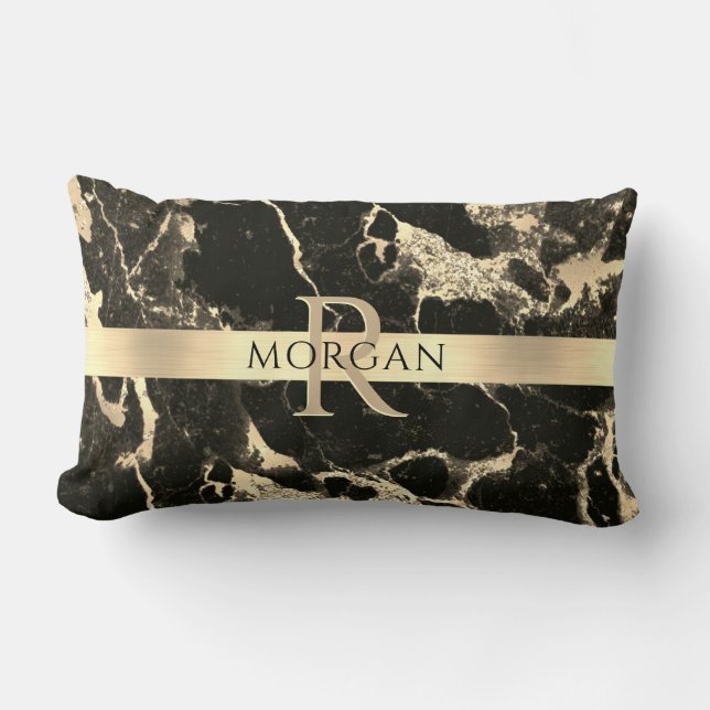 Black+Gold Marble, Gold Stripe, Name+Monogram, Vs2 Kussen (Voorkant)