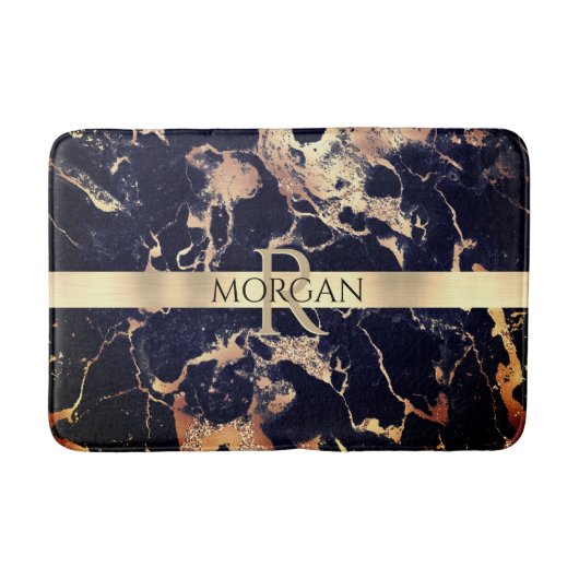 Black+Gold Marble Lg Gold Stripe Name+Monogram Vs2 Badmat (Voorkant)