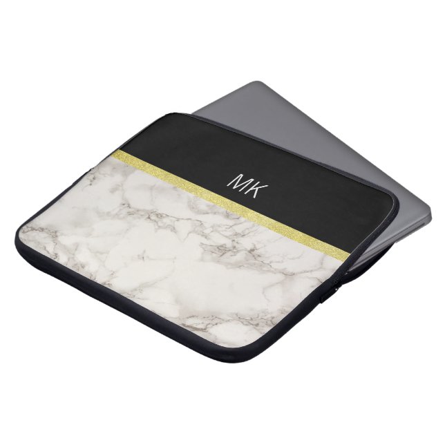 Black Gold Marble Monogram Laptop Sleeve (Voorkant top)