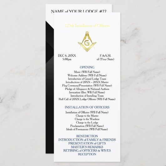 Black Gold Masonic Installation Program Sjabloon (Voorkant / Achterkant)
