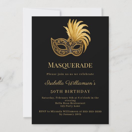 Black gold Masquerade birthday party Kaart (Voorkant)