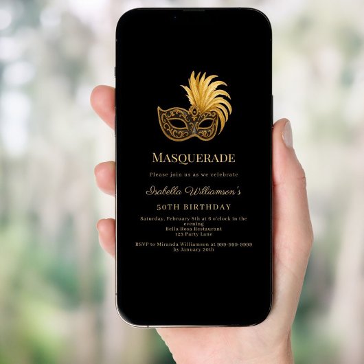 Black gold Masquerade birthday party Kaart