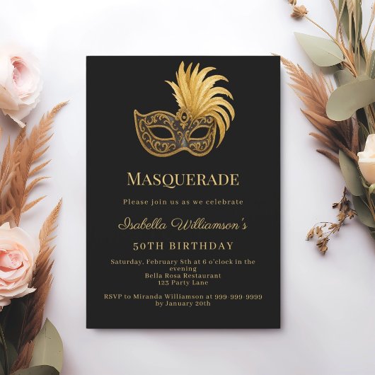 Black gold Masquerade birthday party Kaart