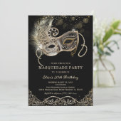 Black Gold Masquerade Birthday Uitnodiging (Staand voorkant)
