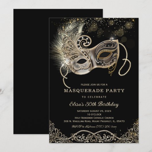 Black Gold Masquerade Birthday Uitnodiging (Voorkant / Achterkant)