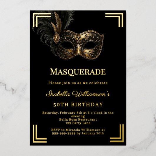 Black gold Masquerade luxury birthday party Folie Uitnodiging (Voorkant)