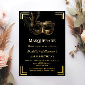 Black gold Masquerade luxury birthday party Folie Uitnodiging