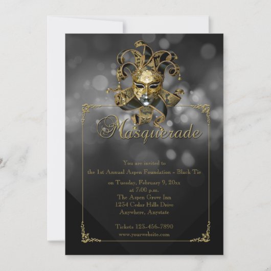 Black Gold Masquerade Mardi Gras Ball Invitation Kaart (Voorkant)