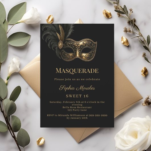 Black gold Masquerade party Sweet 16 Kaart