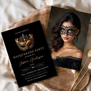 Black Gold Masquerade Party Verjaardagsfoto Kaart