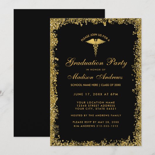 Black Gold Medical Graduparty Uitnodiging (Voorkant / Achterkant)