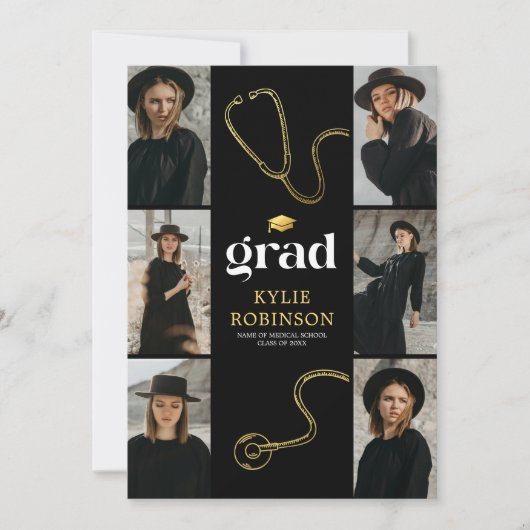 Black Gold Medische Foto Afstudeerfeest Kaart (Voorkant)