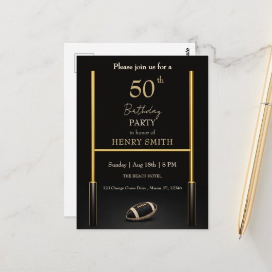 Black & Gold Men's Birthday Invitation Briefkaart (Voorkant / Achterkant in situ)
