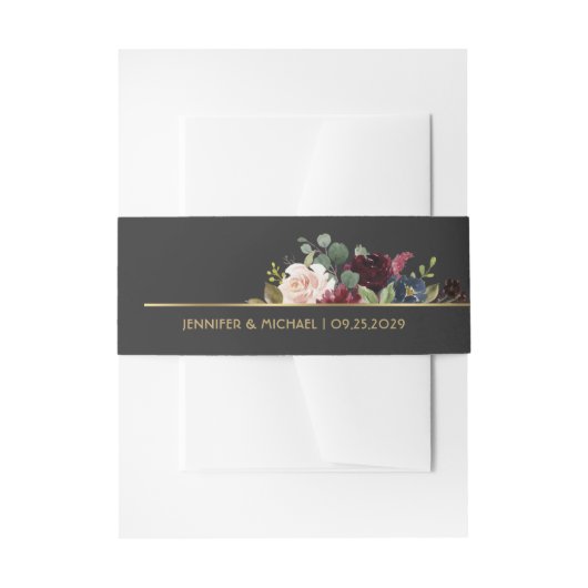 Black Gold Merlot Navy Boho Bouquet Wedding Uitnodigingen Wikkel (Voorkant Voorbeeld)