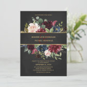 Black Gold Merlot Navy Floral Blooms Weddenschap Kaart (Staand voorkant)