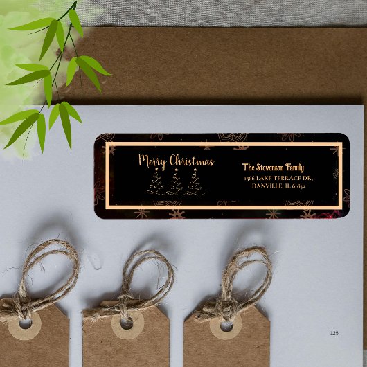 Black Gold Merry Christmas Tree Return Address Etiket