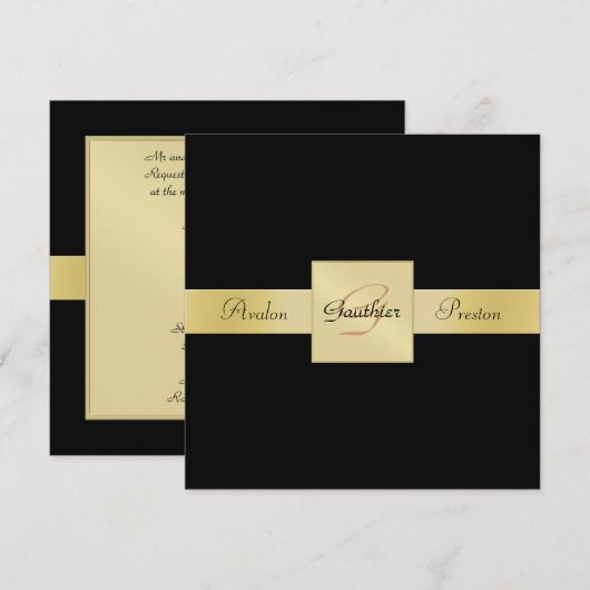 Black Gold Metal Monogram Ribbon Formele uitnodigi Kaart (Voorkant / Achterkant)