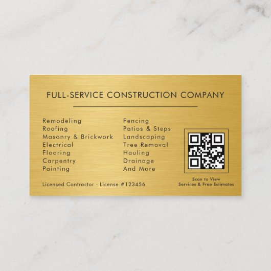 Black Gold Metallic Building Construction QR Code Visitekaartje (Achterkant)