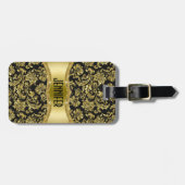 Black & Gold Metallic Floral Damascus-Gepersonalis Bagagelabel (Voorkant horizontaal)