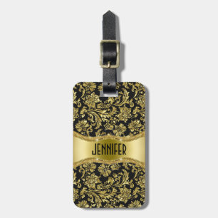 Black & Gold Metallic Floral Damascus-Gepersonalis Bagagelabel
