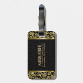 Black & Gold Metallic Floral Damascus-Gepersonalis Bagagelabel (Achterkant verticaal)