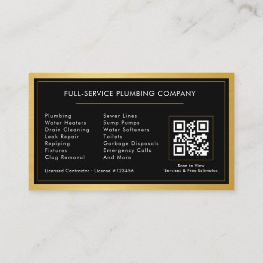 Black Gold Metallic Plumber Contractor QR Code Visitekaartje (Achterkant)