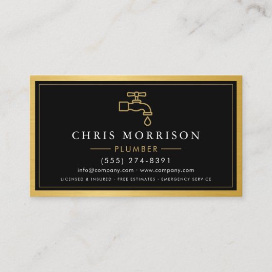 Black Gold Metallic Plumber Contractor QR Code  Visitekaartje (Voorkant)
