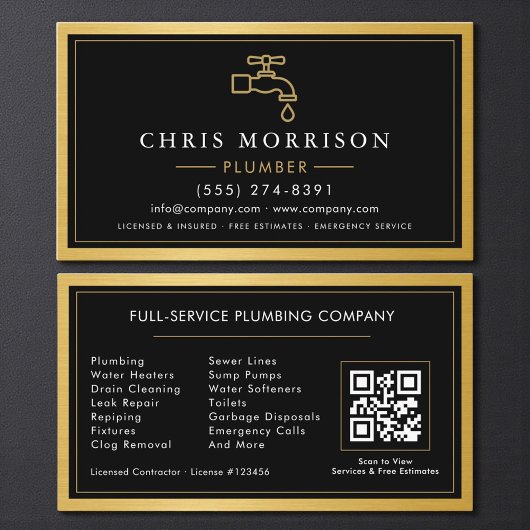 Black Gold Metallic Plumber Contractor QR Code Visitekaartje