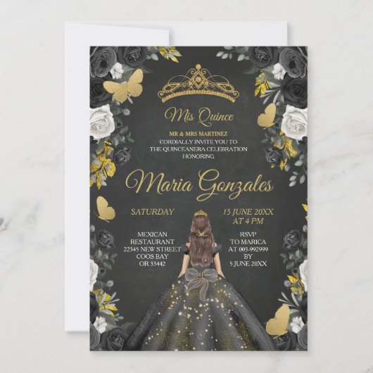 Black & Gold Mexican Charra Mis XV Anos Invite Kaart (Voorkant)