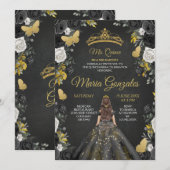 Black & Gold Mexican Charra Mis XV Anos Invite Kaart (Voorkant / Achterkant)