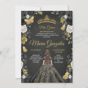 Black & Gold Mexican Charra Mis XV Anos Invite Kaart