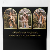 Black Gold Minimal Arch Photo QR code Wedding Drieluik Uitnodiging (Binnenzijde eerst)