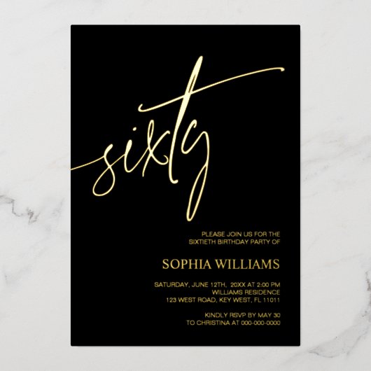 Black & Gold Minimalist 60e verjaardag Folie Uitnodiging (Voorkant)