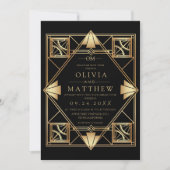 Black & Gold Modern Art Deco Wedding Invitation Kaart (Voorkant)