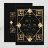 Black & Gold Modern Art Deco Wedding Invitation  Kaart (Voorkant / Achterkant)