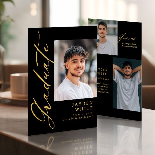 Black Gold Modern Calligraphy Photo Graduation Kaart