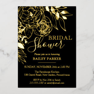 Black & Gold Modern Floral Peony Vrijgezellenfeest Folie Uitnodiging