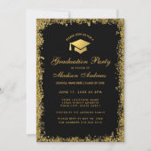 Black Gold Modern Glitter Gradution Party Invite Kaart (Voorkant)