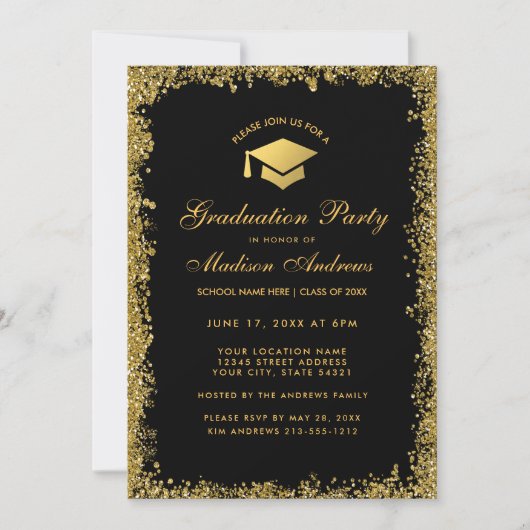 Black Gold Modern Glitter Gradution Party Invite Kaart (Voorkant)