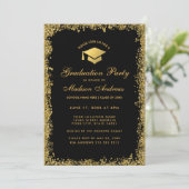 Black Gold Modern Glitter Gradution Party Invite Kaart (Staand voorkant)