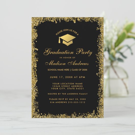 Black Gold Modern Glitter Gradution Party Invite Kaart (Staand voorkant)