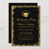 Black Gold Modern Glitter Gradution Party Invite Kaart (Voorkant / Achterkant)