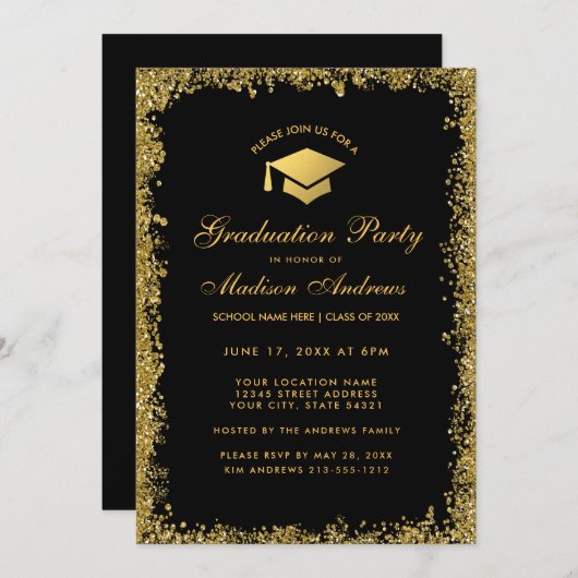 Black Gold Modern Glitter Gradution Party Invite Kaart (Voorkant / Achterkant)