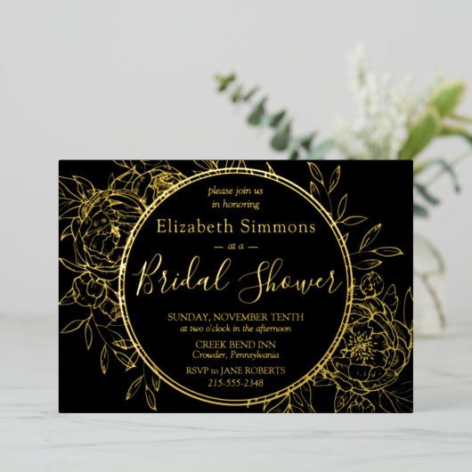 Black & Gold Modern Line Peony Toile Vrijgezellenf Folie Uitnodiging (Staand Voorkant)