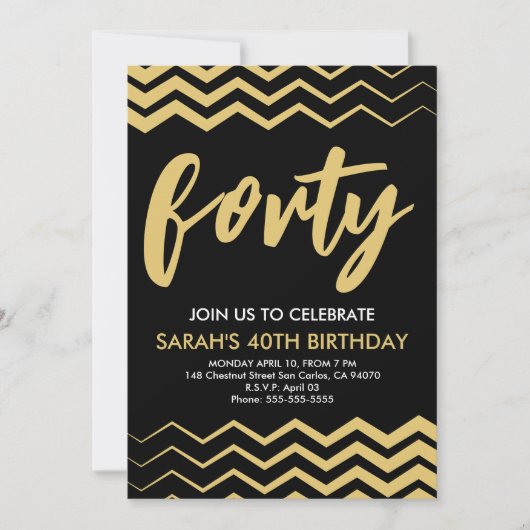 Black Gold Modern Minimalist 40th Birthday Party Kaart (Voorkant)