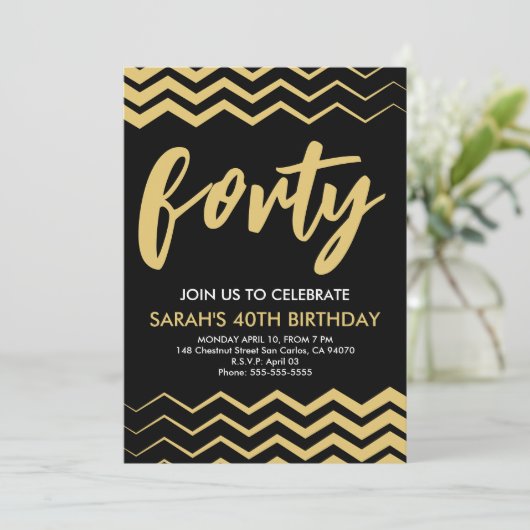 Black Gold Modern Minimalist 40th Birthday Party Kaart (Staand voorkant)